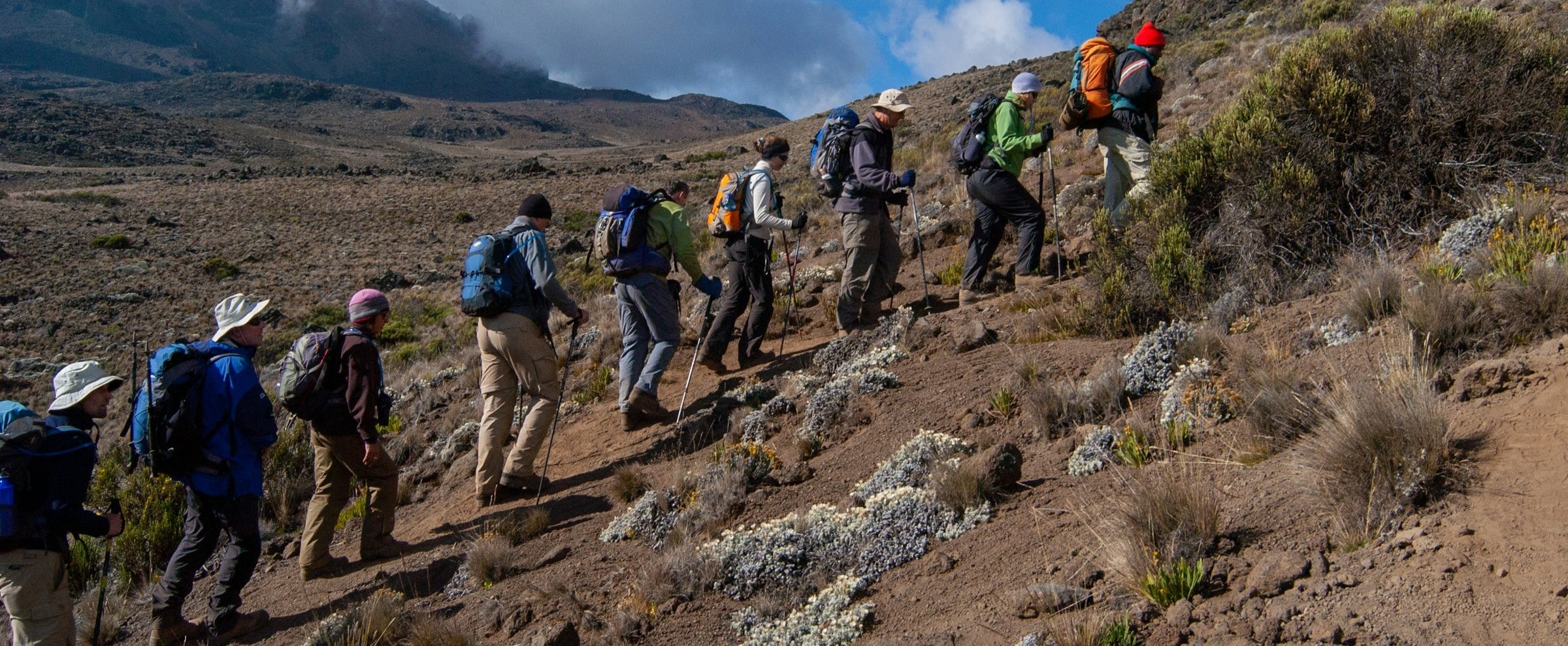 Hikers walking up Kilimanjaro